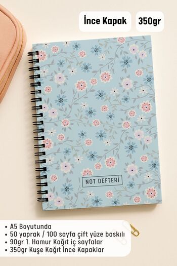 Eldesen Tasarım A5 Spiral Dotted School Notebook, 50 Sheets 100 Pages, Cardboard Cover Notepad, Blue Floral