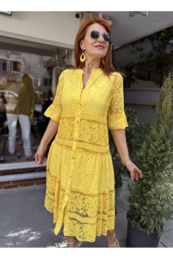 DenizEge Italian Lace Guipure Midi Dress Yellow