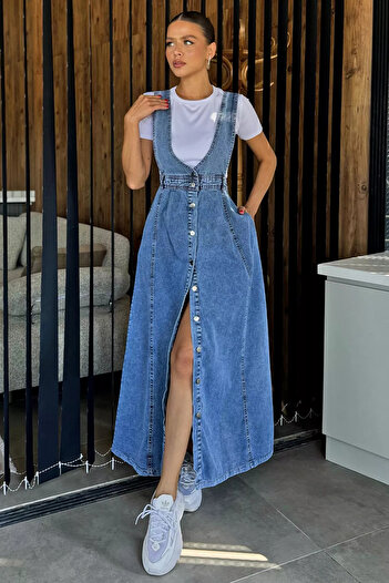 GÜLSELİ Rochie de damă albastră Salopet Denim Jean