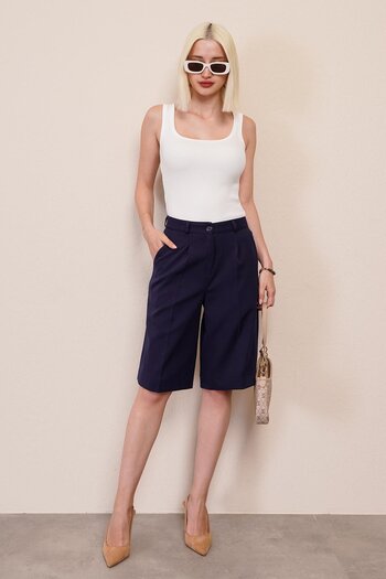Madmext Navy Blue Pleated Women's Bermuda Shorts Mg2483