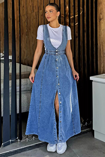 GÜLSELİ Rochie de damă albastră Salopet Denim Jean