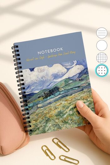 Eldesen Tasarım Van Gogh A5 Spiral Dotted School Notebook, 50 Sheets 100 Pages, Cardboard Cover Notebook, Landscape