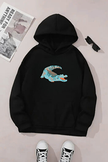 Sweetline Unisex Black Hooded Sweatshirt – Crocodile Printed, Thick Fabric with Hood