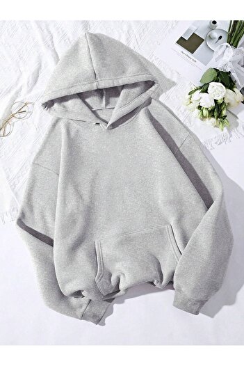 Sweetline Απλό φούτερ χωρίς σχέδια - Γκρι Oversize Χειμερινή χοντρή κουκούλα