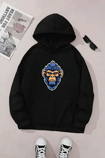 Sweetline Unisex Black Hooded Sweatshirt – Gorilla Printed, Thick Fabric with Hood