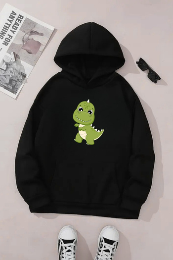 Sweetline Unisex Black Hooded Sweatshirt – Little Dinosaur Printed, Thick Fabric with Hood