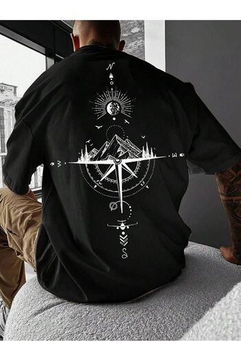 CLAYES Compass Single Jersey Μαύρο T-Shirt - Oversize Crew Neck, κοντομάνικο εμπριμέ