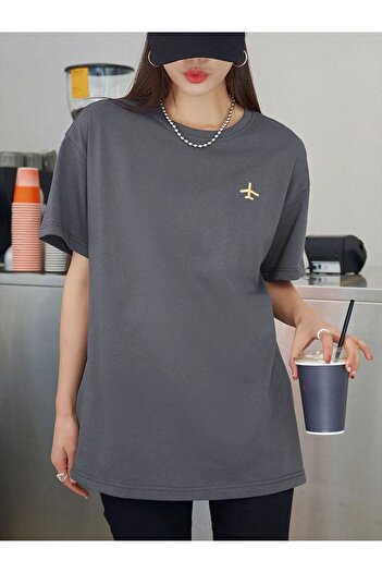 CLAYES Airplane Logo T-Shirt - Smoke Printed Oversize Crew Neck Short Sleeve