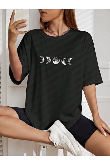 CLAYES Oversize Moon Phase T-Shirt - Μαύρο, Crew Neck, Κοντό μανίκι