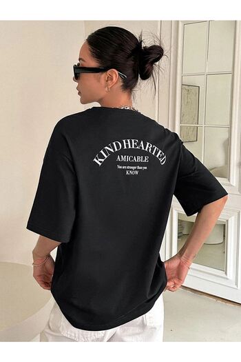 CLAYES Μπλουζάκι Kind Hearted - Μαύρο εμπριμέ Oversize Crew Neck με κοντό μανίκι