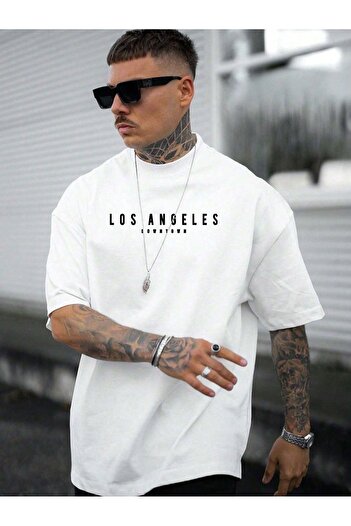 CLAYES Los Angeles Downtown Single Jersey T-Shirt - White Printed Oversize Crew Neck Short Sleeve T-Shirt