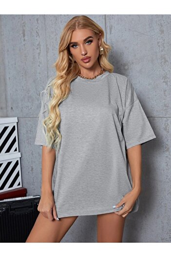 CLAYES Gri Basic Düz Baskısız Oversize Salas Boyfriend Kadın T-shirt