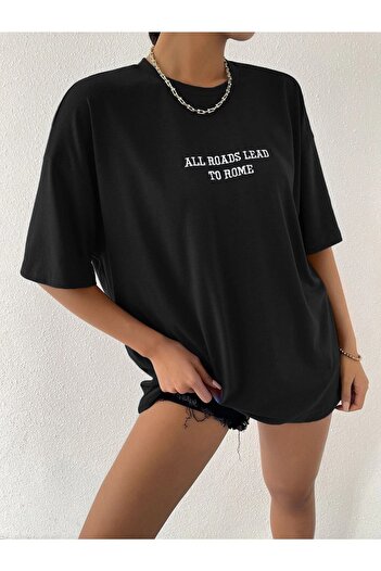 CLAYES To Rome Oversize T-Shirt - Μαύρο εμπριμέ, Crew λαιμόκοψη, κοντό μανίκι