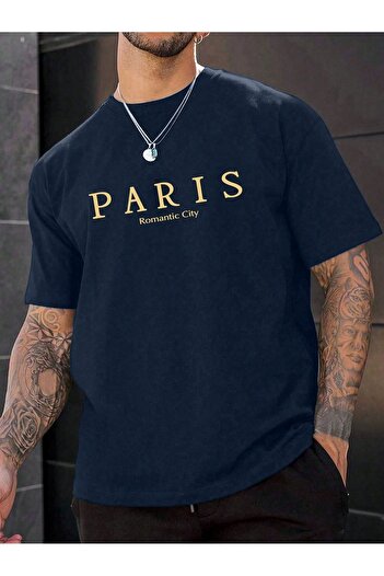 CLAYES Παρίσι Romantic City εμπριμέ μονό ζέρσεϊ Lacviert T-shirt - Oversize T-shirt με λαιμόκοψη
