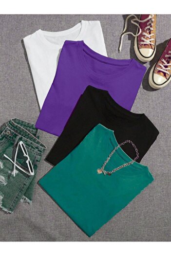 CLAYES Plain Basic 4-Piece Multi-Combination T-Shirt - White Purple Black Petrol Green Oversize Crew Neck