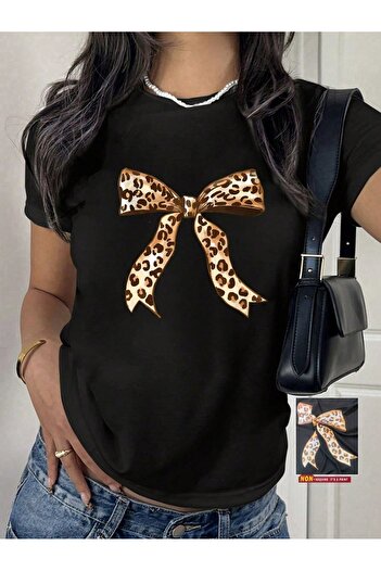 CLAYES Μπλουζάκι με στάμπα Leopard Ribbon Mother Daughter - Μαύρο μπλουζάκι με λαιμόκοψη