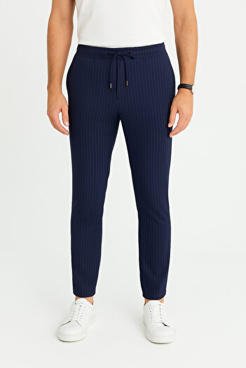Butik Navy Blue Striped Slim Fit Jogger Pants