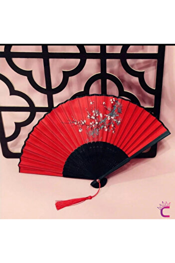 Cinderella Accessories Japon Çin Tarzı Çiçek Desenli Çanta Boy Ahşap Bambu El Yelpazesi 21cm Kırmızı Püsküllü Yelpaze
