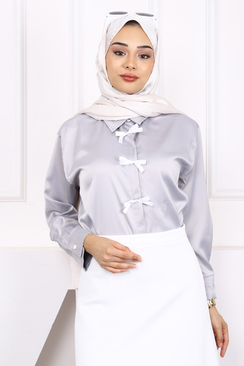 İmajButik Gray Bow Satin Shirt
