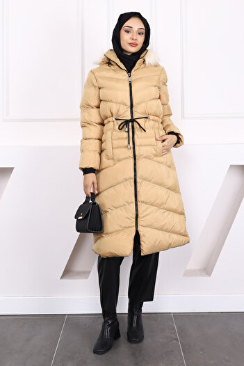 İmajButik Camel Women's Modest Hooded Waist Drawstring Pocket Hijab Puffer Coat