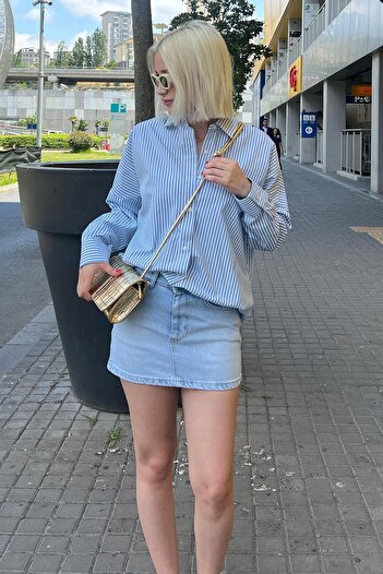 Madmext Mavi Çizgili Over Fit Gömlek Mg1525