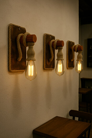 AYBÜK PABUÇ Rustic Jute Rope Detailed Wooden Wall Sconce Chandelier Cafe Home Balcony Garden Wall Lighting (3 Pieces)