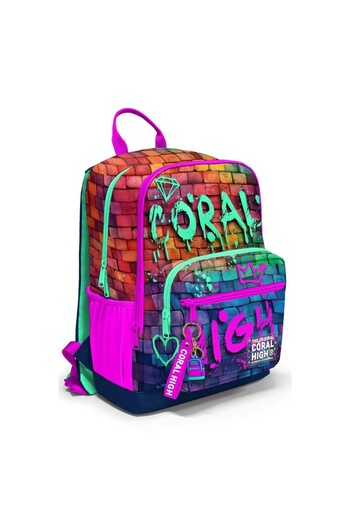 Coral High Pink Navy Blue Graffiti Written Four Compartment School Backpack 23629
