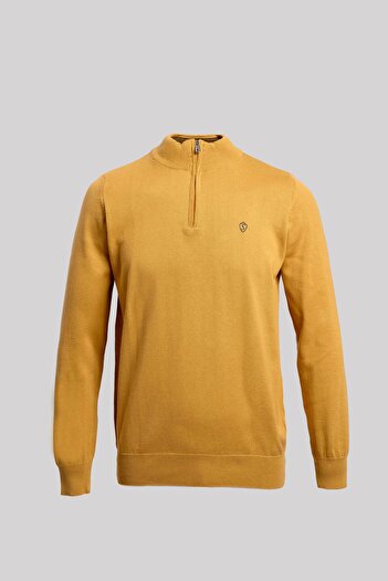 Sabri Özel Zippered Half Turtleneck Cotton Men's Knitwear Sweater Mustard