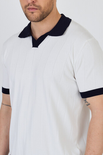 Frappoli Garci̇a Men's White-Navy Blue Cotton Blended Capuchin Collar Slim Fit Polo Neck Knitwear T-Shirt