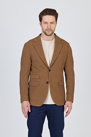 Frappoli Lores Men's Mustard Unlined Soft Herringbone Patterned Stretch Fabric Lycra Sports Blazer Jacket