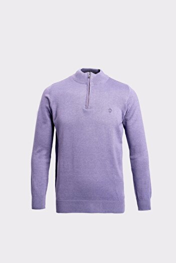 Sabri Özel Zippered Half Turtleneck Cotton Men's Knitwear Sweater Purple
