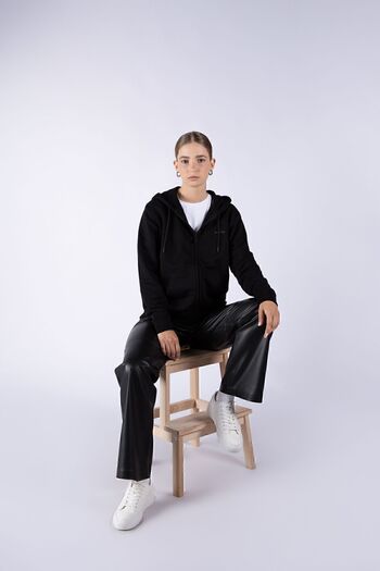 Nordbron Women's Black Hooded Zipper Detailed Sweatshirt Soft Textured Seasonal Long Sleeve with Pocket Erfurt