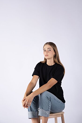 Nordbron Women's Black 100% Cotton Printed Basic Knitted T-shirt Short Sleeve Crew Neck Detailed Daily Fit