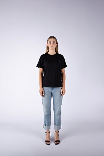 Nordbron Kadın Siyah %100 Pamuk Baskılı Basic Örme T-shirt Kısa Kollu Bisiklet Yaka Detaylı Günlük Fit