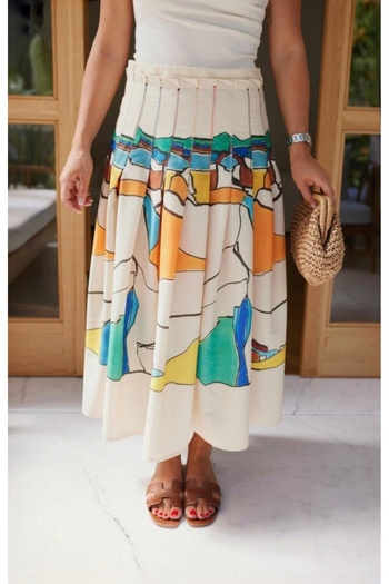 BRTC design Women's Beige Zigzag Stitched Pleated Patterned Skirt