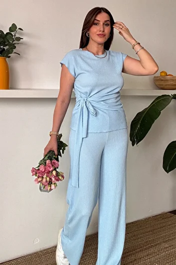 Paw Garage Women's Sienna Baby Blue Tie Detail Crinkle Fabric Blouse Pants Set