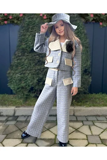 By Feyza Kids Collection By Feyza Girl's Blue Plaid Jacket, Pants Suit-Hat, Rose Brooch Included - Winter Classic Combination