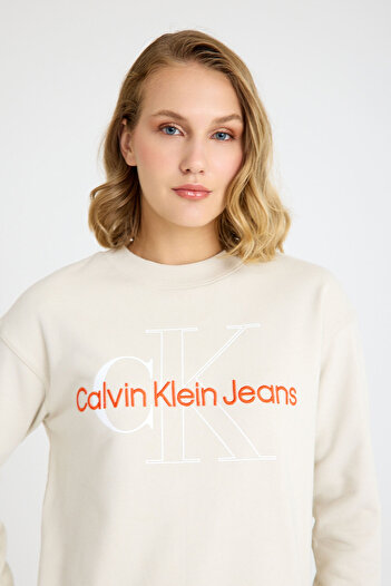Calvin Klein Jeans % 100 Pamuk Kadın Marka Logolu Uzun Kollu Elbise Eggshell ZW0ZW02029ACF