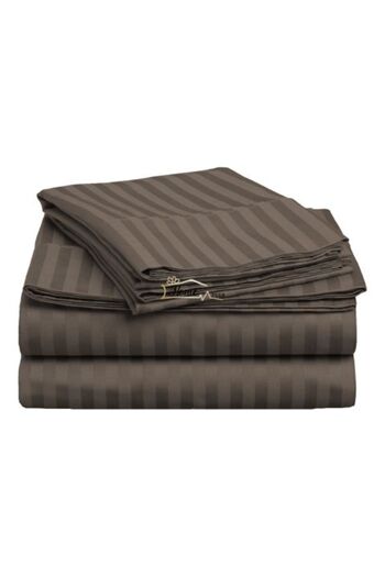 HomePuls King Size Bed Sheet for 2 - Damask Cotton 100% Hotel Style with 1 cm Stripe, 240 x 260 cm, Brown
