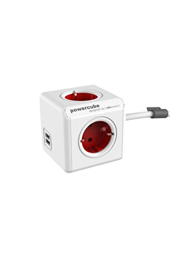 Allocacoc Cubic extension cord, Powercube by Allocacoc, 2xUSB, 4 sockets, 1.5m, white/red