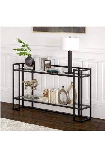 genric FFD Glass Console Table Metal Console Table with Dual Clear Glass Shelve Entryway Table Narrow