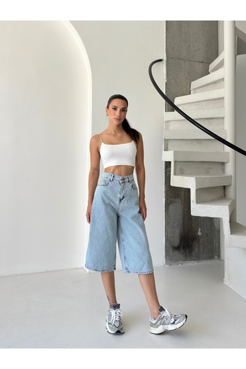 ÇEÇİM Women's Light Blue High Waist Wide Leg Denim Bermuda Shorts Zyn-58799