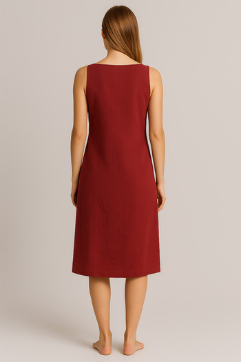 VENA Asymmetrical Collar 100% Linen Dress - Bordo