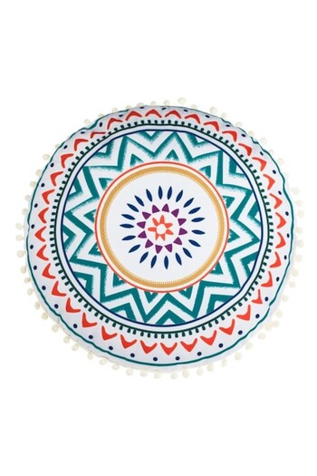 OEM Perna Decorativa Rotunda Alba cu Forme Geometrice Colorate si Pompon Ecru