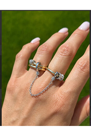 Vitastyle 316L Steel Gold Color 3-Chain ​​Combination Stone Detail Design Ring