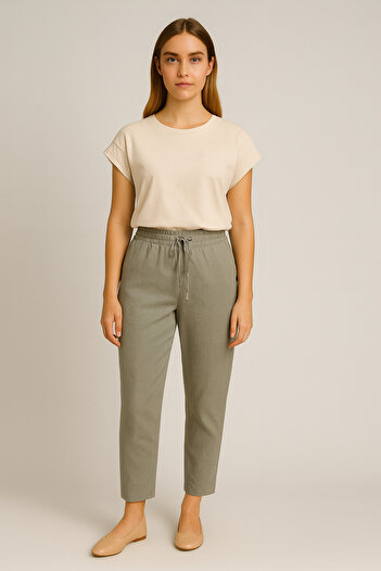 VENA Alian Waist Elastic Linen Beach Trousers - Nile Green