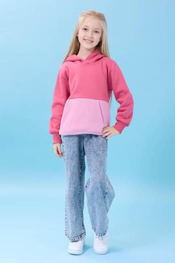 Perendi Unisex Hooded Kangaroo Pocket Color Block Hooded Winter Sweatshirt - Dusty Rose/Light Rose