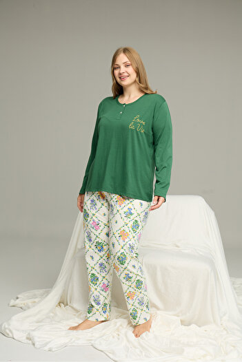 Siyah İnci Green Pattern Curve Large Size Battal Oversize Button Cotton Pajamas Suit25240758