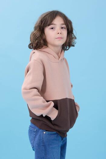 Perendi Unisex Hooded Kangaroo Pocket Color Block Hooded Winter Sweatshirt - Earth/Chocolate