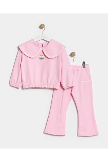 Magu Girl's Cotton Pink Floral Embroidered Wide Collar Sweat and Flared Leg Trousers Set